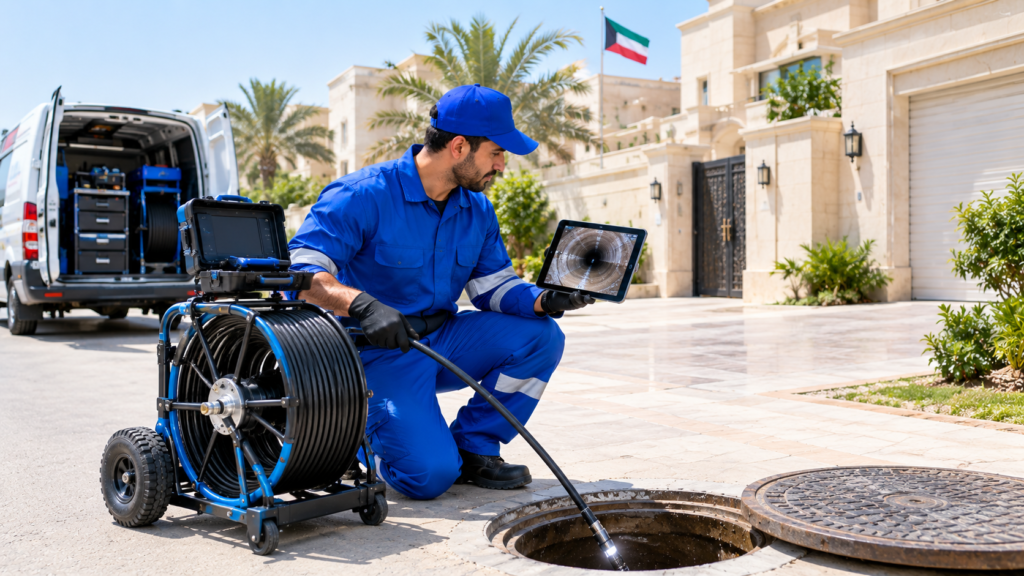 فحص المجاري بالكاميرات في الكويت – فني يستخدم كاميرا حديثة